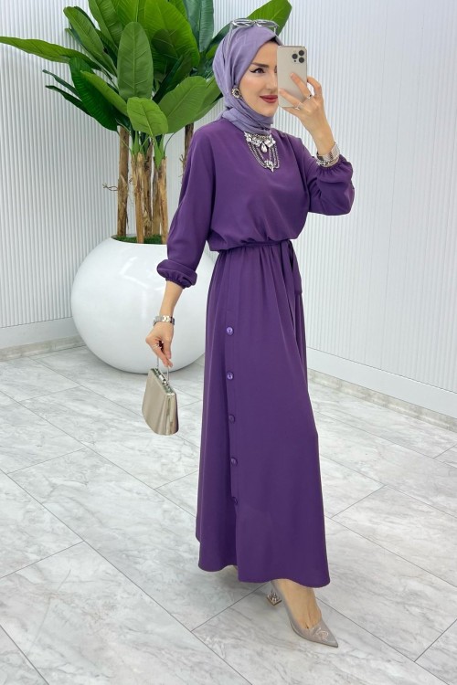 Mürdüm Premium Düğmeli Elbise Tesettür Giyim Mürdüm