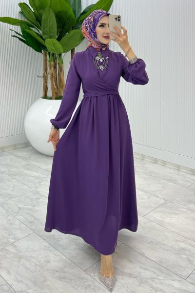 Mürdüm Premıum Dilara Elbise Tesettür Giyim Mürdüm