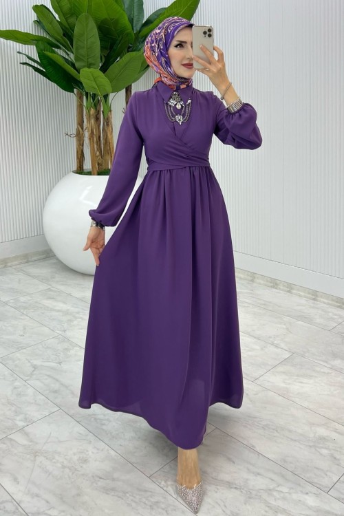 Mürdüm Premıum Dilara Elbise Tesettür Giyim Mürdüm