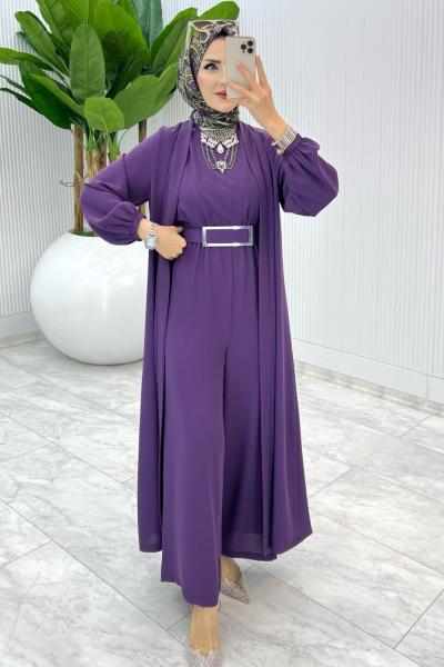 Mürdüm Premium Silva Tulumlu Abaya Takım Tesettür Giyim Mürdüm