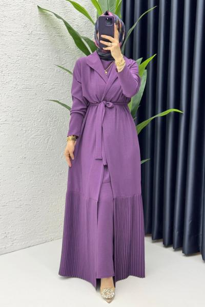 Mürdüm Premium Üçlü Helena Takım Tesettür Giyim Mürdüm