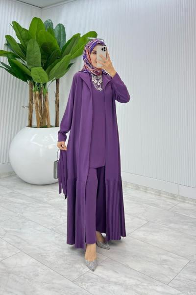 Mürdüm Premium Üçlü Derin Takım Tesettür Giyim Mürdüm