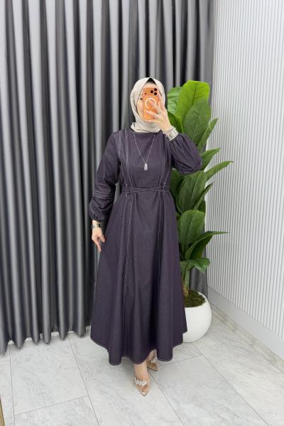 Mürdüm Premium Bağcıklı Kot Elbise Tesettür Giyim  Mürdüm