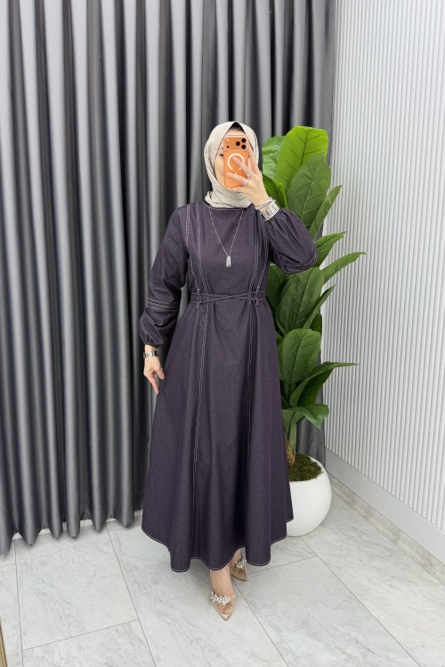 Mürdüm Premium Bağcıklı Kot Elbise Tesettür Giyim  Mürdüm