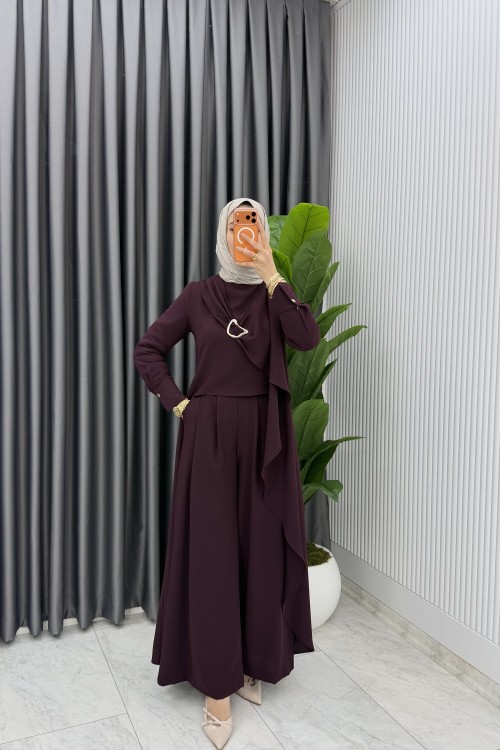 Mürdüm Premium Ahsen Pantolonlu Takım Tesettür Giyim  Mürdüm