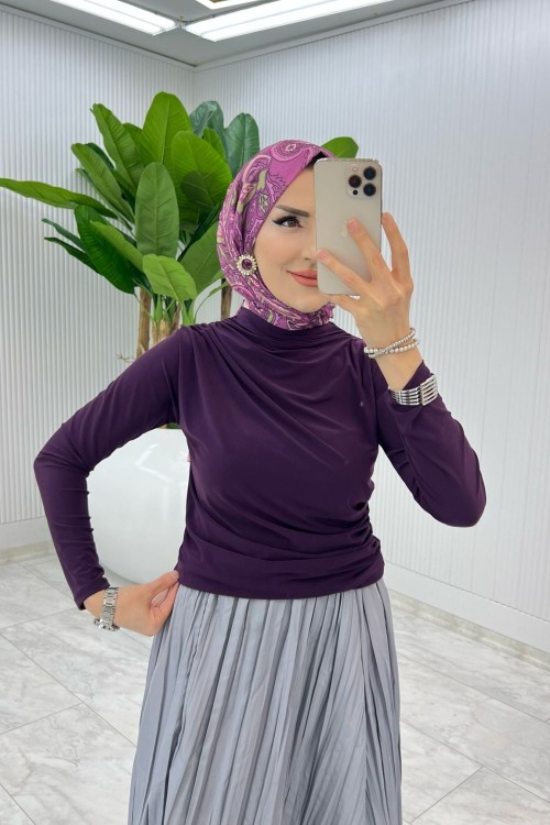 Mürdüm Tek Sadece Bluz Tesettür Giyim Mürdüm