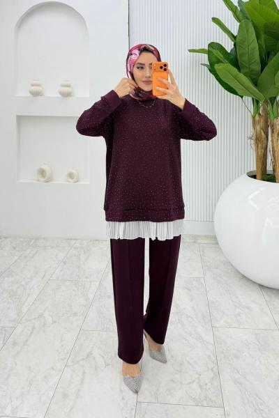 Mürdüm Taşlı Oysho Takım Tesettür Giyim  Mürdüm