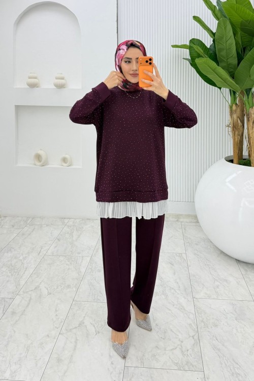 Mürdüm Taşlı Oysho Takım Tesettür Giyim  Mürdüm