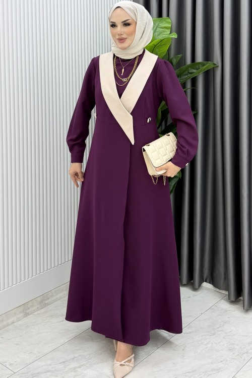 Mürdüm Yeşim Uzun Ceket Kap Ferace Tesettür Giyim Mürdüm