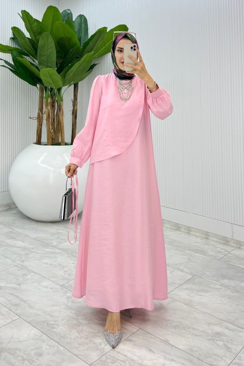 Pembe Premium Paris Elbise Tesettür Giyim Pembe