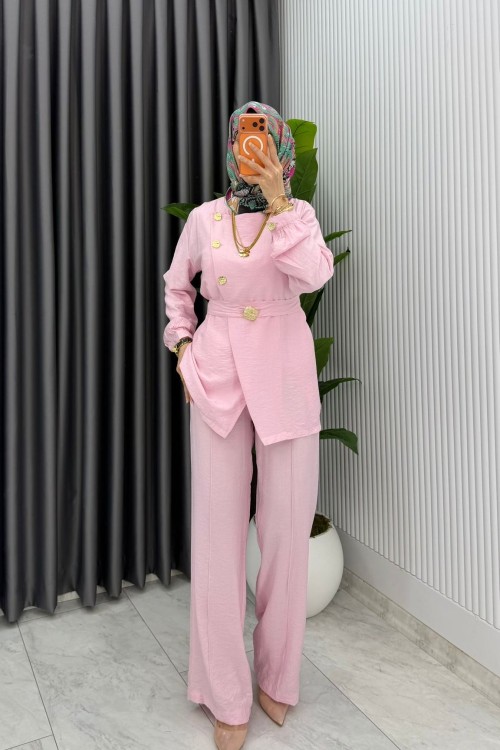 Pembe Premium Kemerli Gözde Takım Tesettür Giyim Pembe