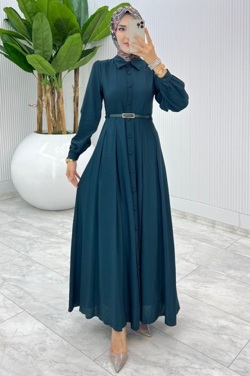 Petrol Demet Elbise Tesettür Giyim  Petrol Mavisi