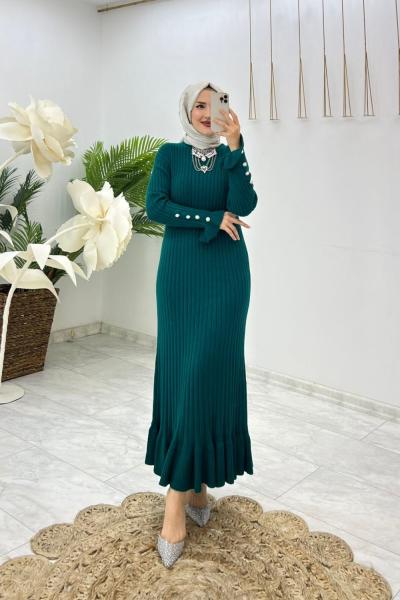 Petrol Ecem Triko Elbise Tesettür Giyim Petrol Mavisi