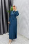 Petrol Hifa Piliseli Elbise Tesettür Giyim  Petrol Mavisi
