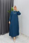 Petrol Hifa Piliseli Elbise Tesettür Giyim  Petrol Mavisi