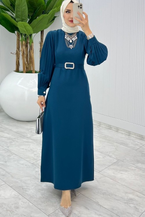 Petrol Kalem Elbise Tesettür Giyim Petrol Mavisi