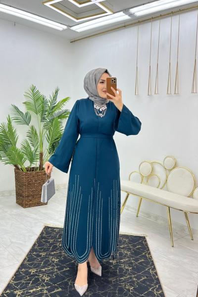Petrol Lazerli Ferace Tesettür Giyim Petrol Mavisi