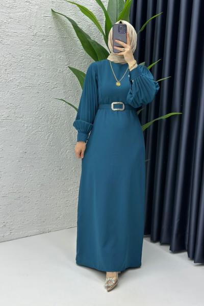 Petrol Narin Elbise Tesettür Giyim Petrol Yeşili