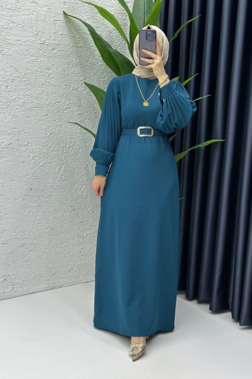 Petrol Narin Elbise Tesettür Giyim Petrol Yeşili