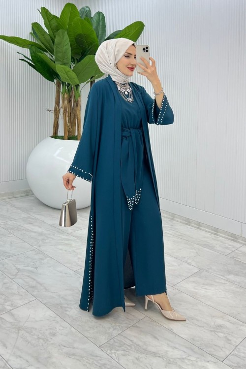 Petrol Premıum Faya Abaya Tulum Takım Tesettür Giyim Petrol Mavisi
