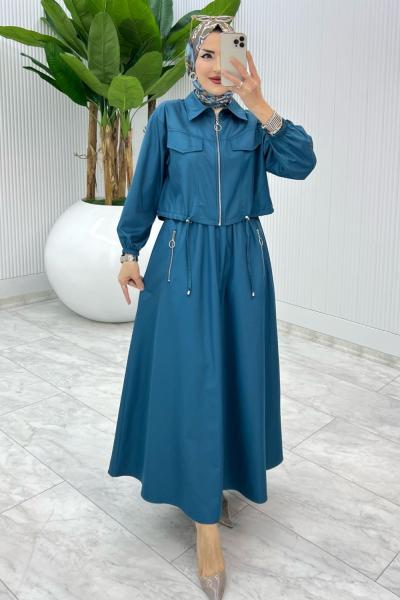Petrol Premium Nefis Etek Takım Tesettür Giyim Petrol Mavisi