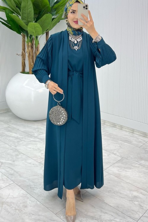 Petrol Premıum Melek  Abaya Takım Tesettür Giyim Petrol Yeşili