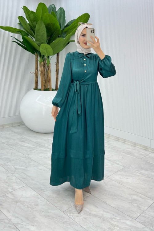 Petrol Premium Lotus Elbise Tesettür Giyim Petrol Mavisi