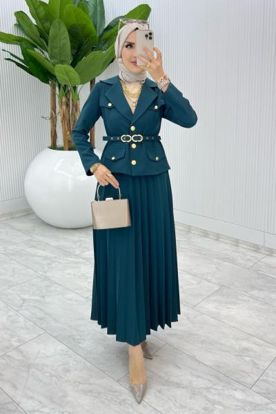 Petrol Premıum Hülya Etek Takım Tesettür Giyim Petrol Mavisi