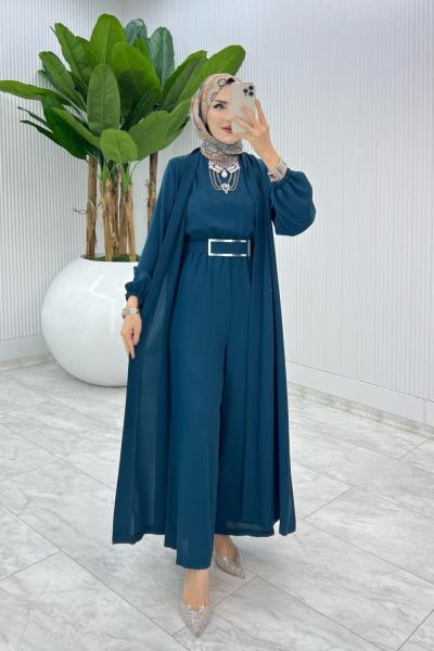 Petrol Premium Silva Tulumlu Abaya Takım Tesettür Giyim Petrol Mavisi