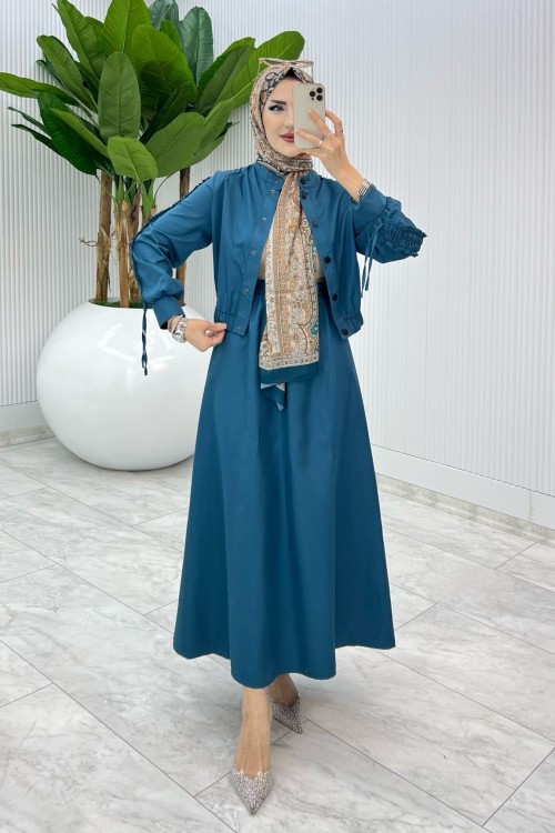 Petrol Premium İclal Etek Takım Tesettür Giyim Petrol Mavisi