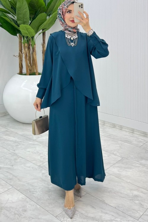 Petrol Premium Asalet Ferace Elbise Tesettür Giyim Petrol Mavisi
