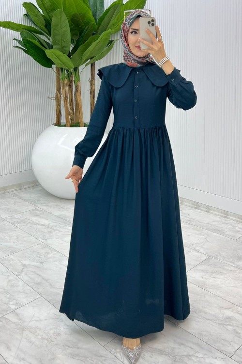 Petrol Premium Bebe Yaka Elbise Tesettür Giyim Petrol Mavisi