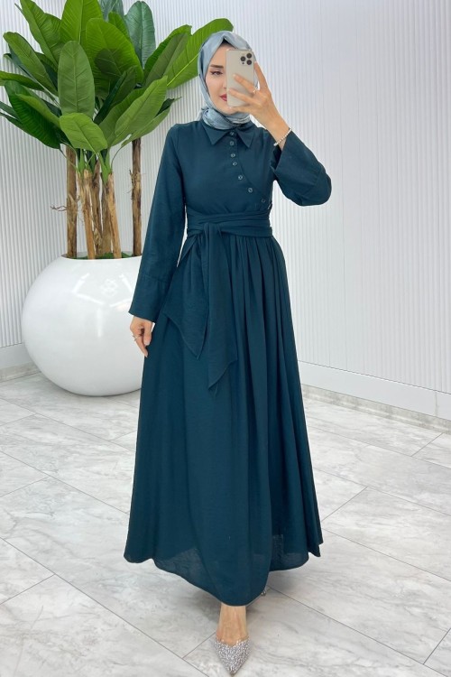 Petrol Premıum Nagihan Elbise Tesettür Giyim Petrol Yeşili