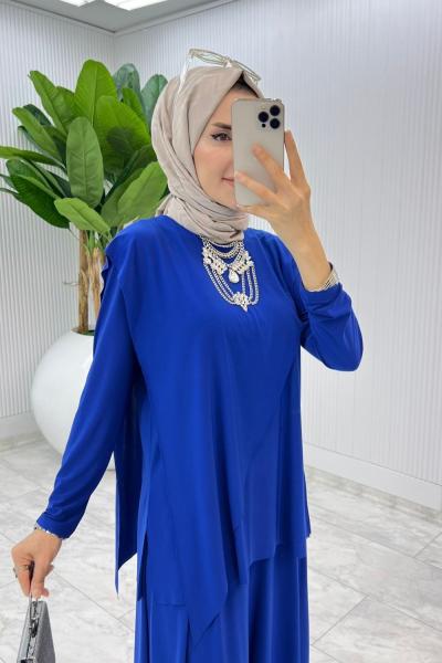 Saks Asimetrik Takım Tesettür Giyim Saks Mavisi