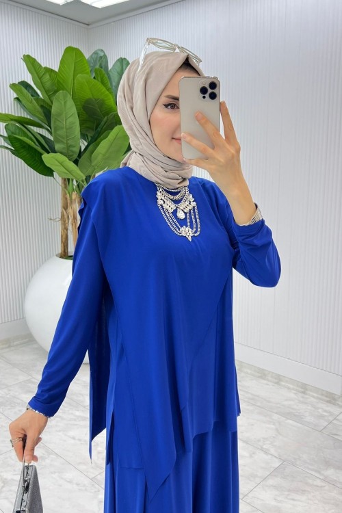 Saks Asimetrik Takım Tesettür Giyim Saks Mavisi
