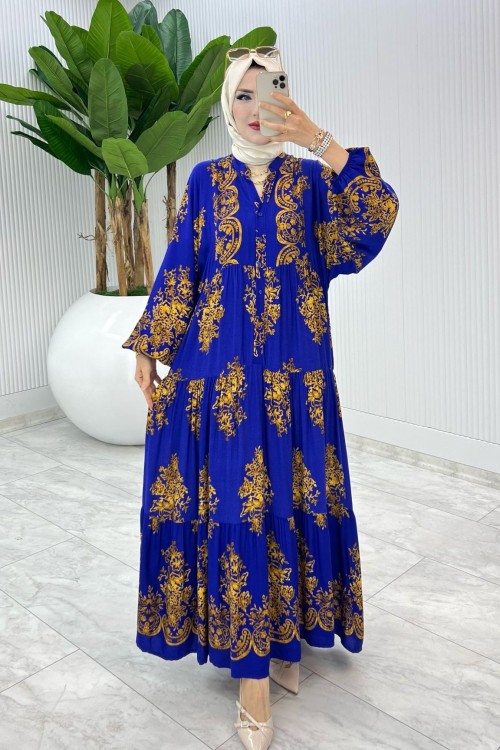 Saks Bahar Elbise Tesettür Giyim Saks Mavisi