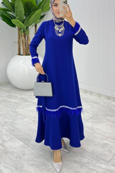 Saks Mosso Abiye Elbise Tesettür Giyim Saks Mavisi