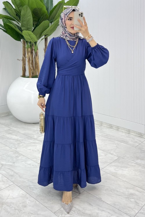 Saks Premıum Leha Elbise Tesettür Giyim Saks Mavisi