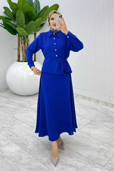 Saks Şeyda Etek Takım Tesettür Giyim Saks Mavisi