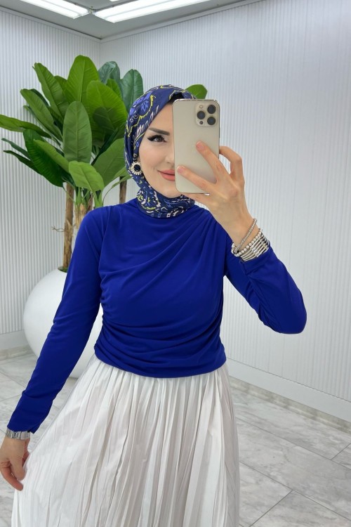 Saks Tek Sadece Bluz Tesettür Giyim Saks Mavisi