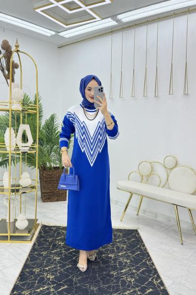 Saks Zikzak Triko Elbise Tesettür Giyim Saks Mavisi
