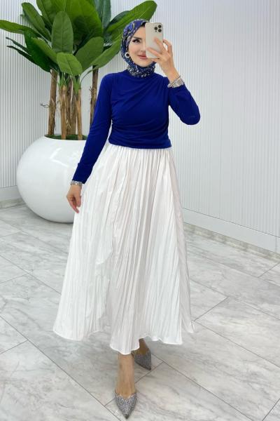 Beyaz Züleyha etekTesettür Giyim Saks Mavisi