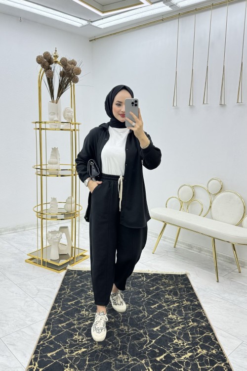 Şardonlu Siyah Zeliha Takım Tesettür Giyim  Siyah