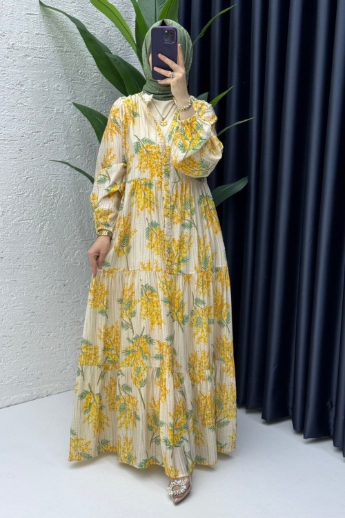 Sarı Dilşah Elbise Tesettür Giyim Sarı