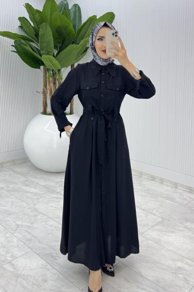 Siyah Ajda Elbise Tesettür Giyim Siyah