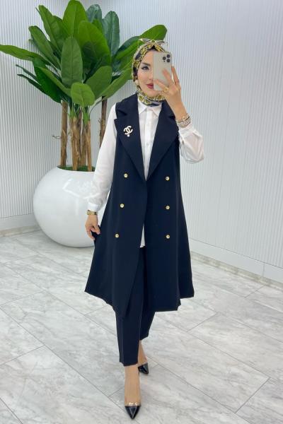 Siyah Broşlu Ala Yelek Takım Tesettür Giyim Siyah