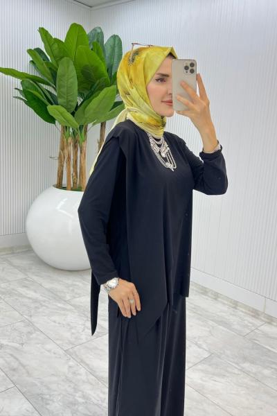 Siyah Asimetrik Takım Tesettür Giyim Siyah