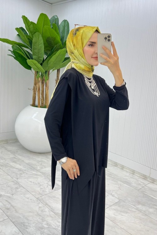 Siyah Asimetrik Takım Tesettür Giyim Siyah