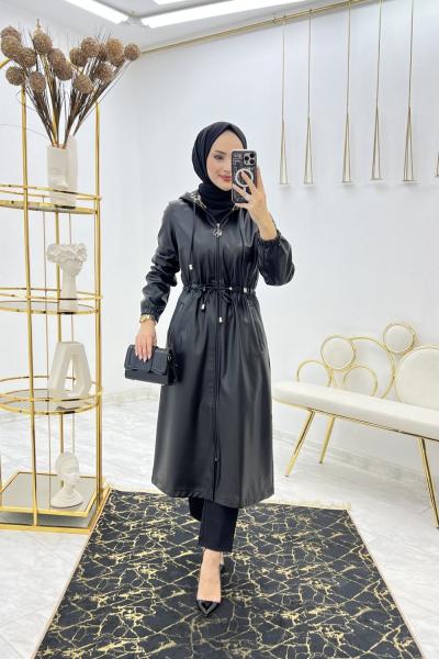 Siyah Aslıhan Kap Deri Tesettür Giyim Siyah