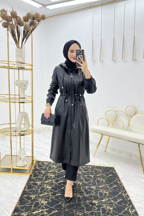 Siyah Aslıhan Kap Deri Tesettür Giyim Siyah